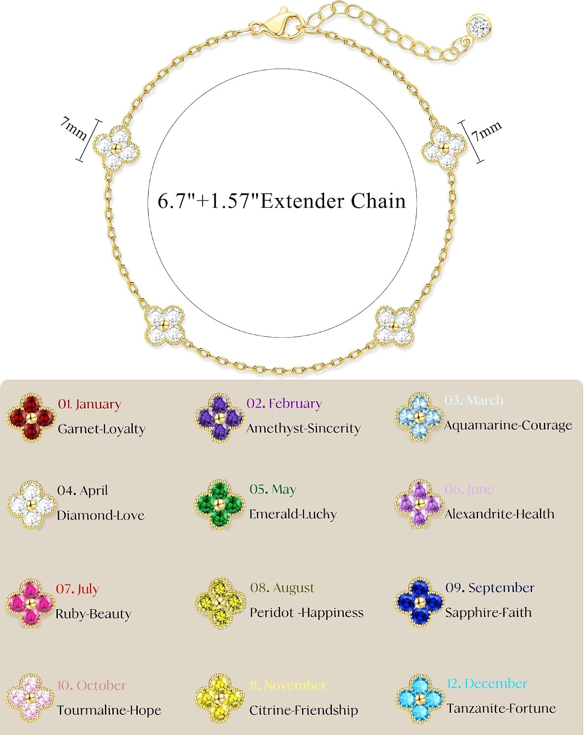 Birthstone Gold Clover Bracelet for women Dainty Cute bracelets | 14K Gold Plated,Friendship Stackable Bracelets for Women No Tarnish,Trendy Charm Best Friend Bracelet Stack,Birthday Jewelry