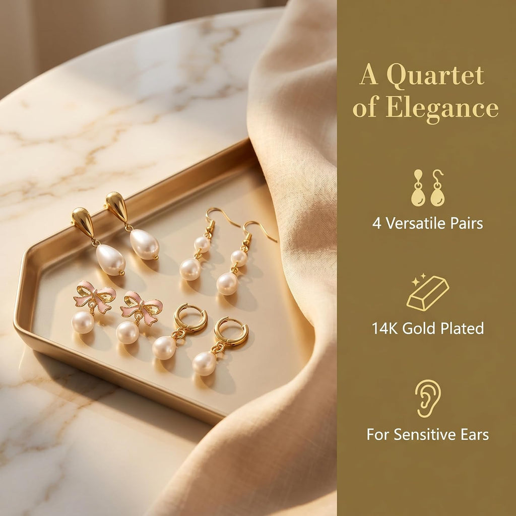 4 Pairs Dainty Pearl Earrings Set for Women | Hypoallergenic 14K Gold Plated White Pearl Ball Stud Dangle Hoop Earrings Pack for Sensitive Ears, Bridal Studs Jewelry