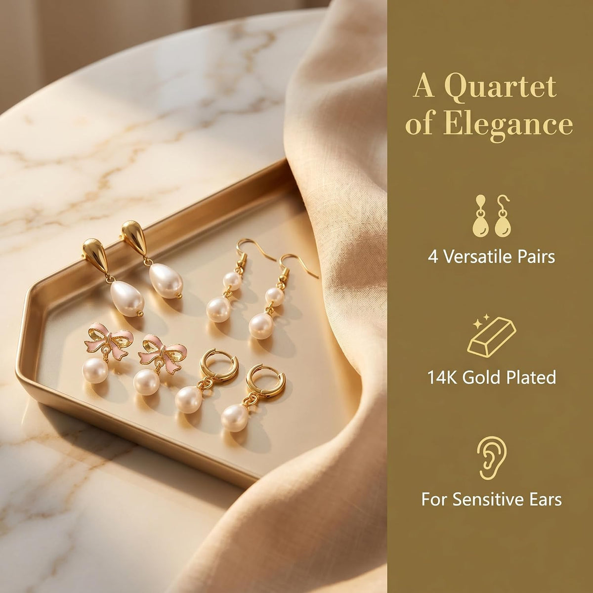 4 Pairs Dainty Pearl Earrings Set for Women | Hypoallergenic 14K Gold Plated White Pearl Ball Stud Dangle Hoop Earrings Pack for Sensitive Ears, Bridal Studs Jewelry