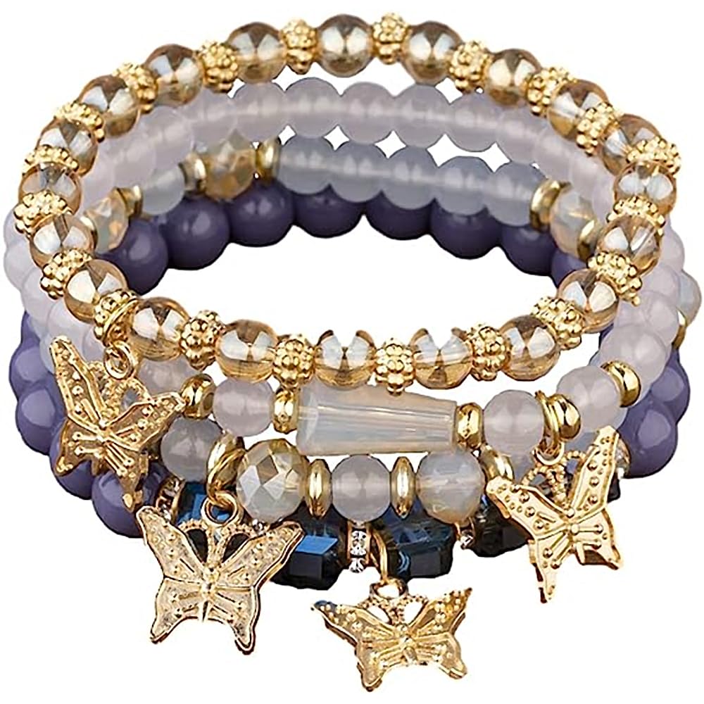4 Pcs Cute Butterfly Charm Bracelets Set Gold Beaded Stackable Stretch Bracelets Bohemian Summer Jewelry Gifts for Women
