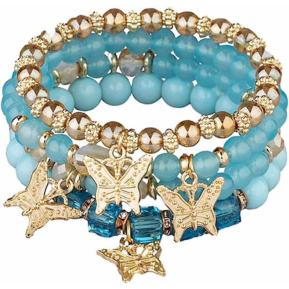 4 Pcs Cute Butterfly Charm Bracelets Set Gold Beaded Stackable Stretch Bracelets Bohemian Summer Jewelry Gifts for Women