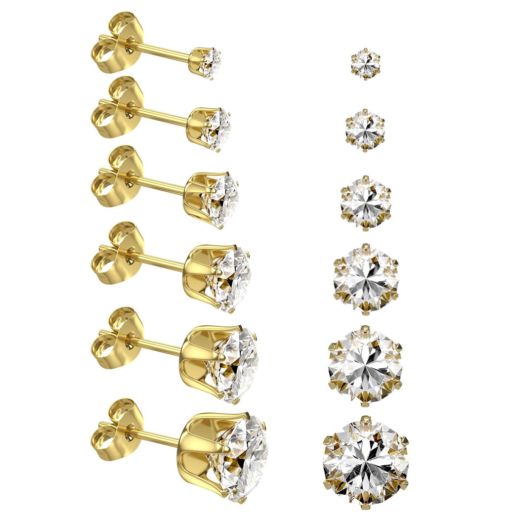 6/12 Pairs Silver Gold Stainless Steel Stud Earrings Set for Women Men | Hypoallergenic, 3 4 5 6 7 8 mm CZ, Lightweight, 14K Gold Plated Surgical 316L, Cubic Zirconia, Multiple Piercing Jewelry
