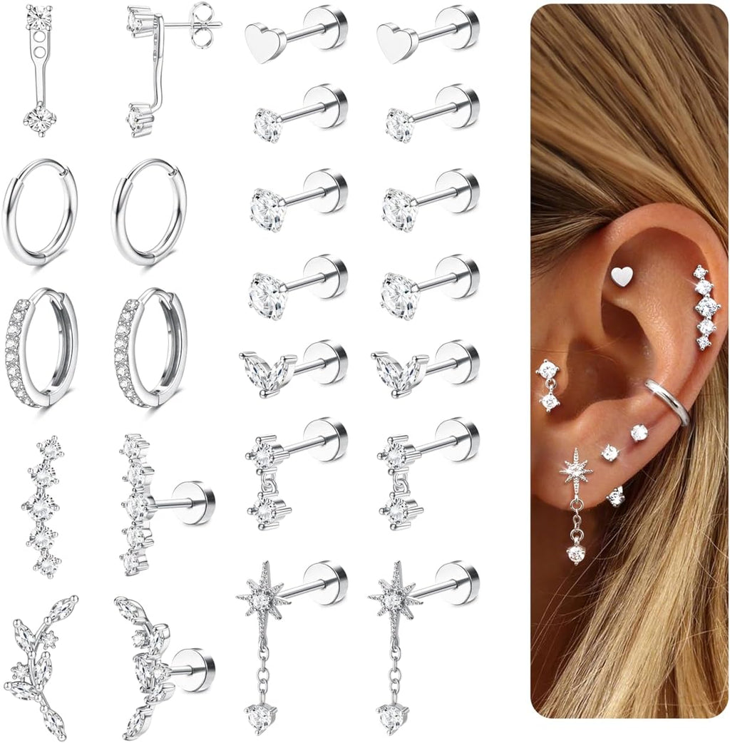 LOLIAS Hypoallergenic Flat Back Earrings-Cartilage Earring Stacks-Surgical Steel Earrings for Sensitive Ears - Small Stainless Steel Flatback Stud Hoop Earring Sets for Helix Tragus Conch Daith Multiple Piercing Jewelry Trendy