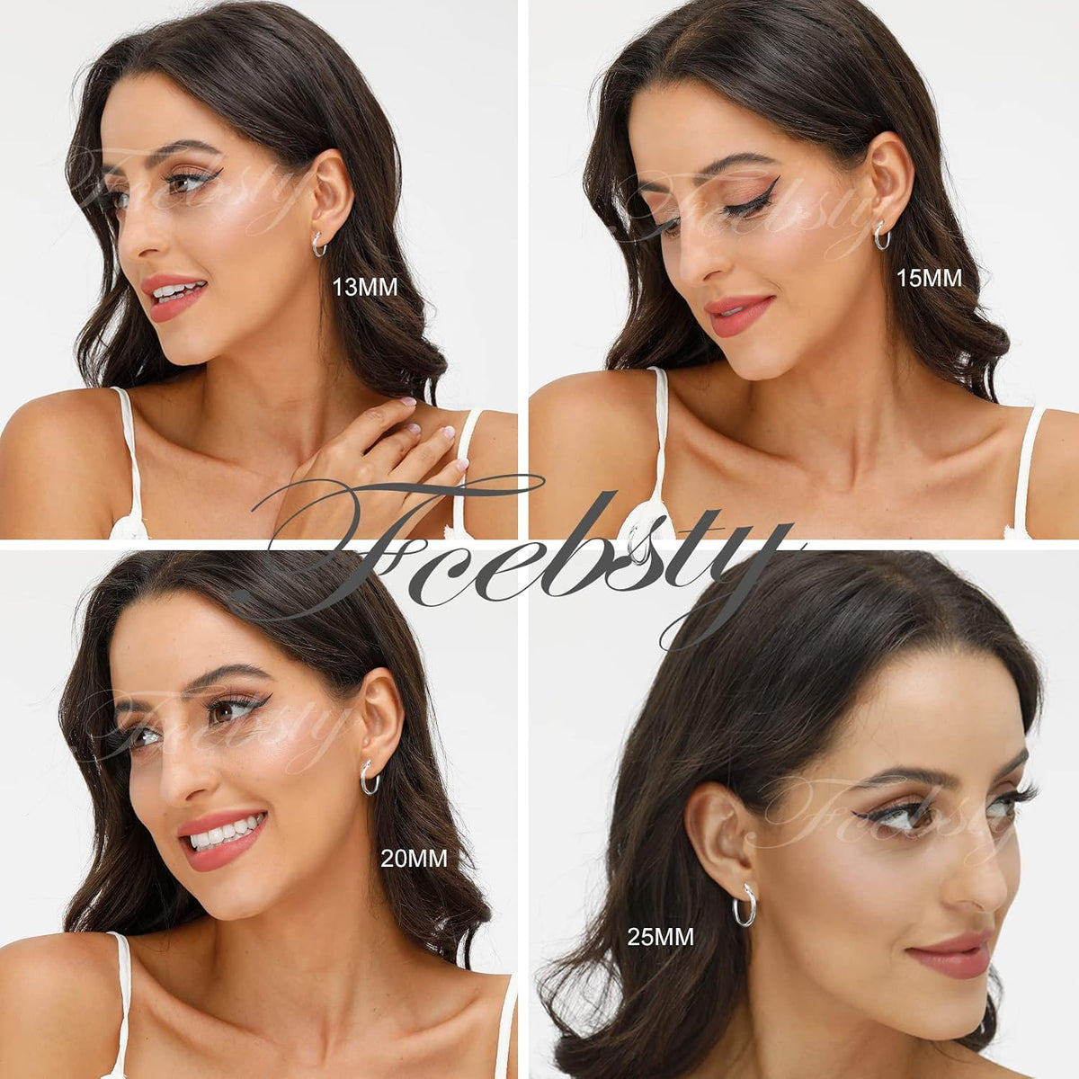 3 Pairs 925 Sterling Silver Hoop Earrings | Small White Gold Plated Hoop Earrings for Women (13mm,15mm,20mm，25mm,30mm,40mm,50mm,60mm)