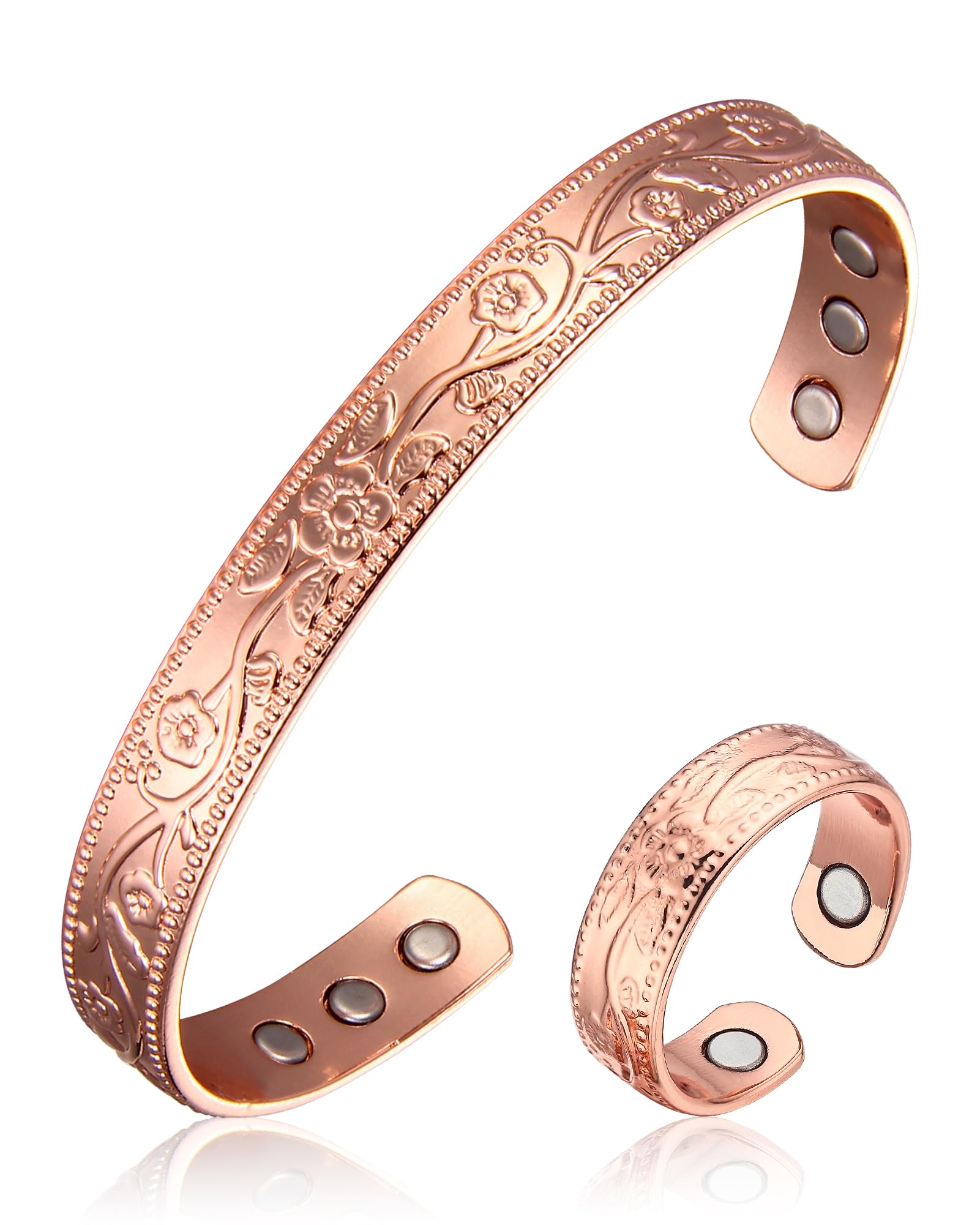 BioMag Copper Magnetic Bracelet Set for Women Men, Pure Copper Jewelry Gift | 99.99% Pure Copper Cuff Bangle Lymphatic Drainage Rings with 3500 Gauss Magnets, Adjustable & Flower Pattern, Multicolor