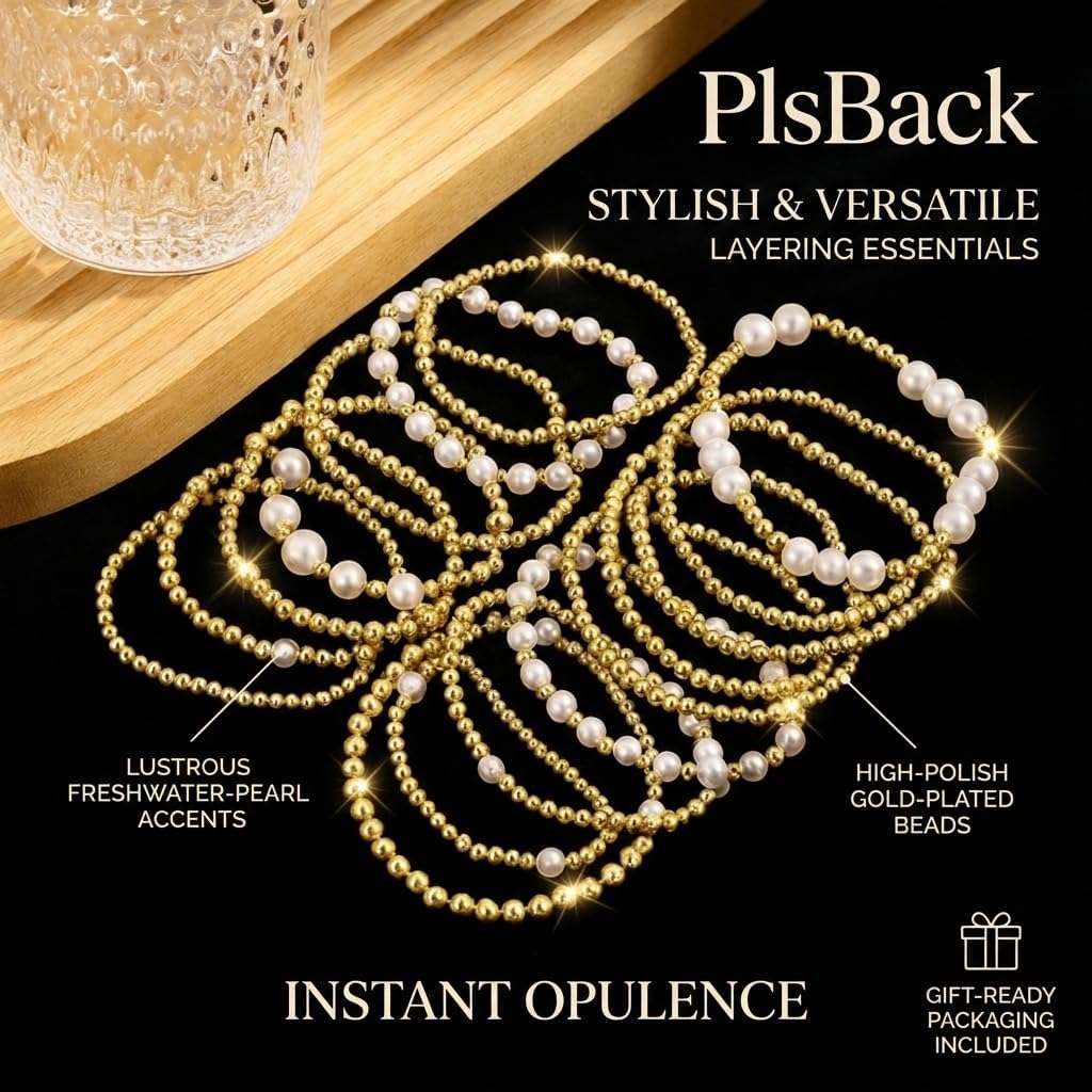Gold Plated Bead & Pearl Bracelets for Women, 16PC Stackable Stretch Set | Elastic cord fits 6-7cm wrists; hypoallergenic, lead & nickel free; gift for Mom, Wife, Daughter, Birthday, Anniversary