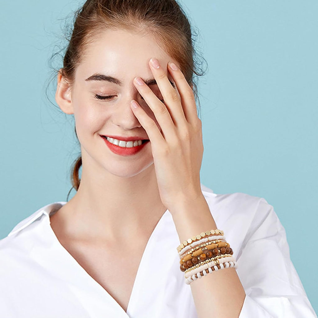 GOOJIDS Surfer Heishi Clay Bead Bracelets for Women Bohemian Stackable Gold Plated Beaded Stretch Bracelets Elastic Layering Friendship Bracelets Set Boho Jewelry