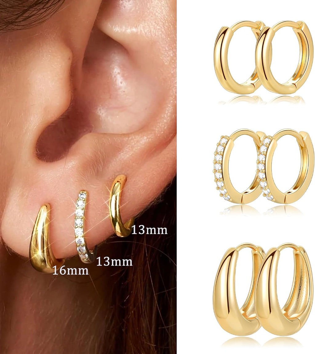9 Pairs Small Gold/Silver Hoop Earrings Set for Women | 14K Gold Plated Chunky Hoop Small Earring Hypoallergenic Thick Open Lightweight Chunky Hoop Earrings Jewelry for Gifts