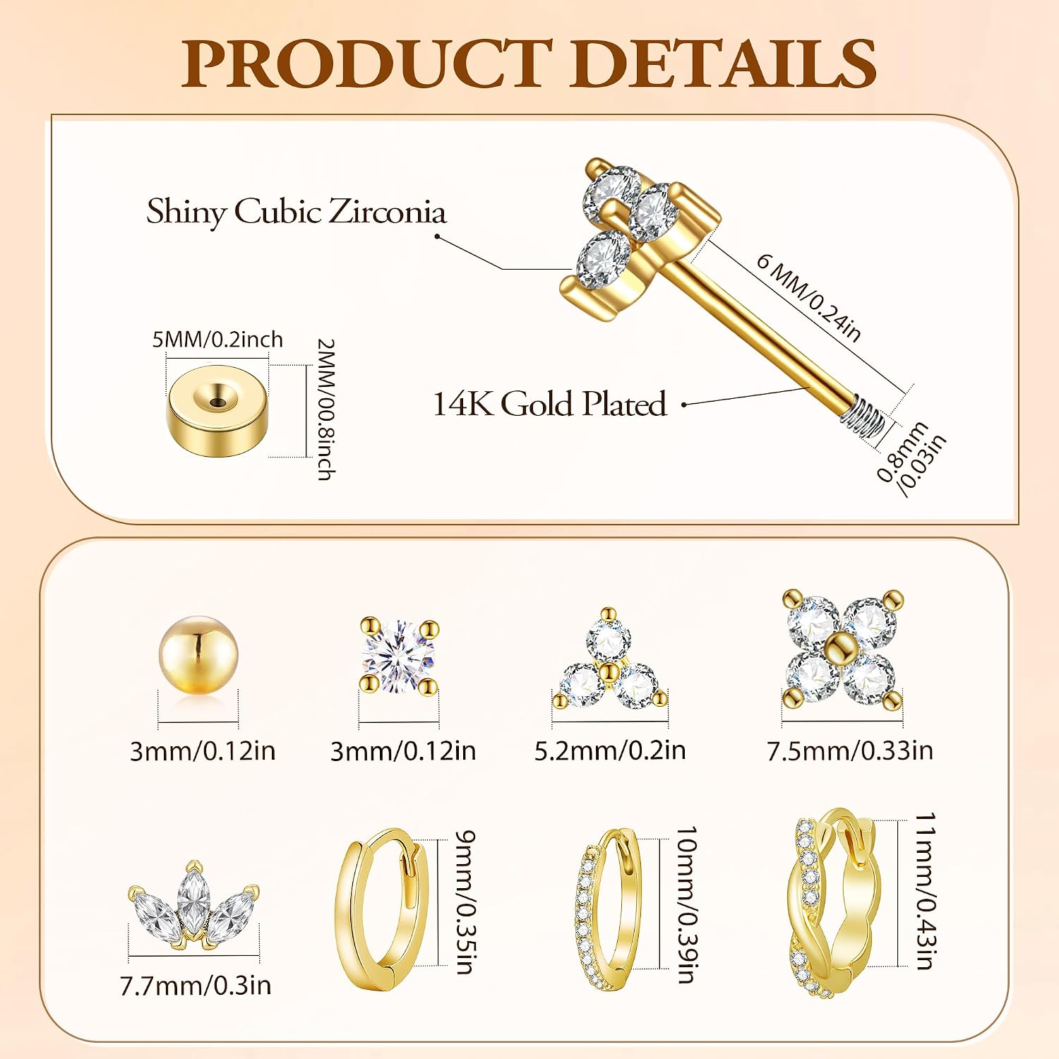 8 Pairs Hypoallergenic Gold Hoop Earrings for Women Trendy | Dainty 14K Gold Plated Huggie Hoop Stud Earrings for Women, Flat Back Earrings Set for Multiple Piercing