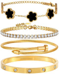 18K Gold Plated Bangle Bracelet Set for Women Stackable Lucky Floral Adjustable Tennis Bracelet Non Tarnish Gift Jewelry for Christmas Valentines Birthday Mother's Day