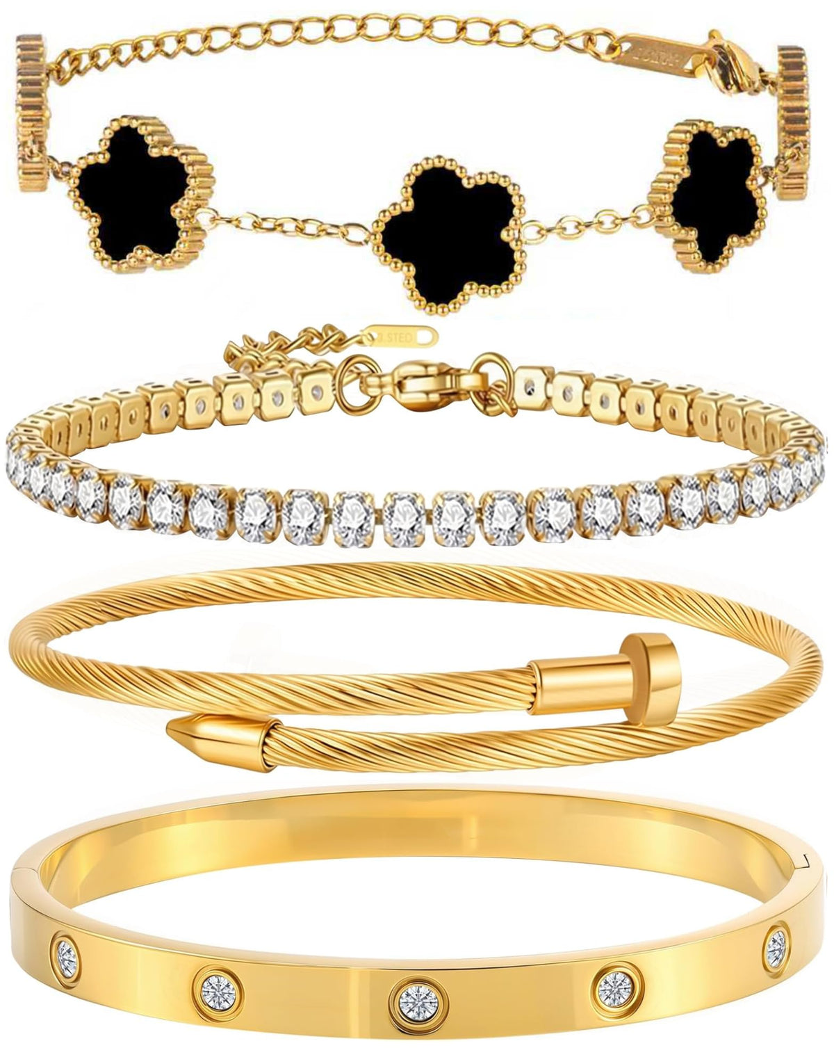 18K Gold Plated Bangle Bracelet Set for Women Stackable Lucky Floral Adjustable Tennis Bracelet Non Tarnish Gift Jewelry for Christmas Valentines Birthday Mother's Day