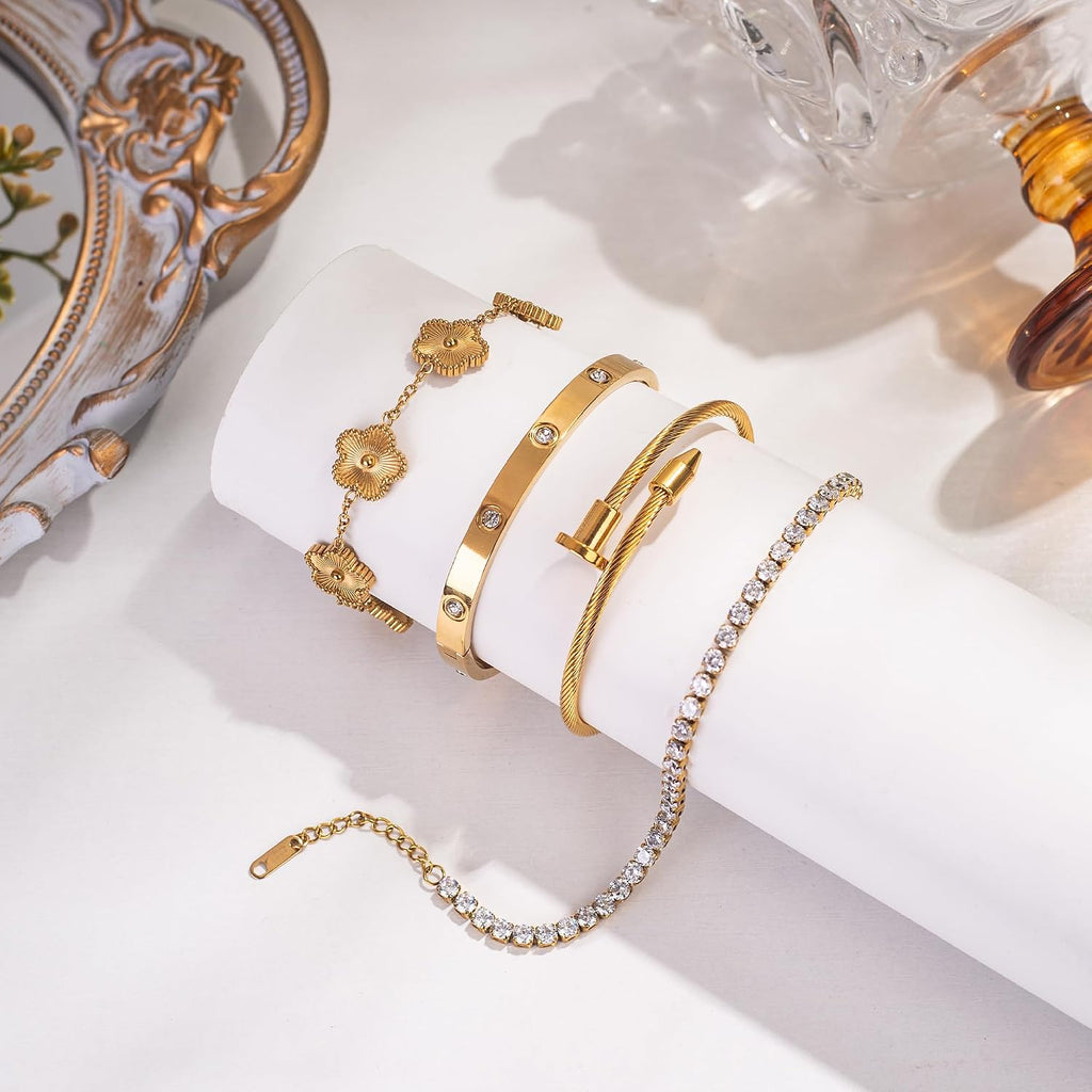 18K Gold Plated Bangle Bracelet Set for Women Stackable Lucky Floral Adjustable Tennis Bracelet Non Tarnish Gift Jewelry for Christmas Valentines Birthday Mother's Day