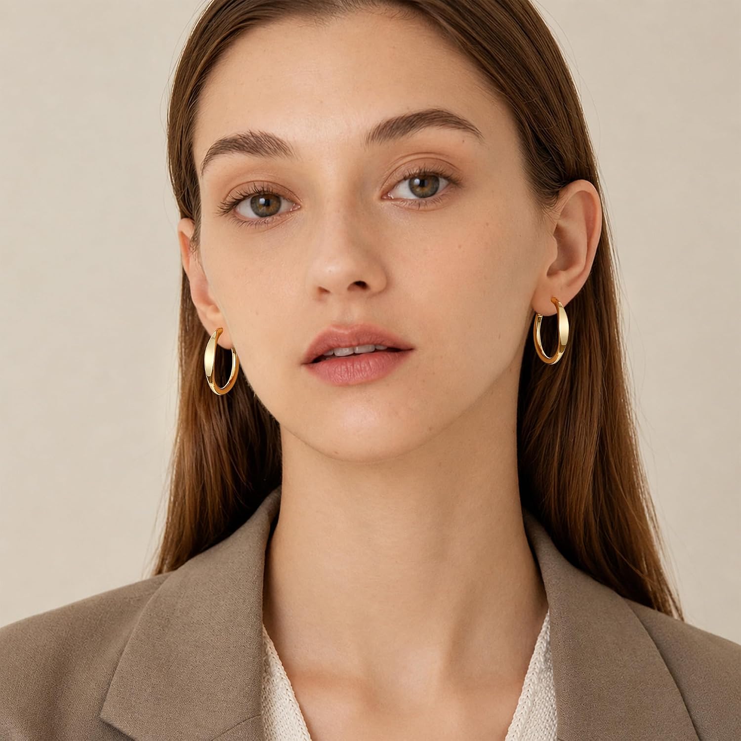sovesi Flat Edge Chunky 14k Gold Plated Hoop Earrings for Women Trendy | 5mm Thick Hoops, Lightweight Hypoallergenic Hoop Earrings