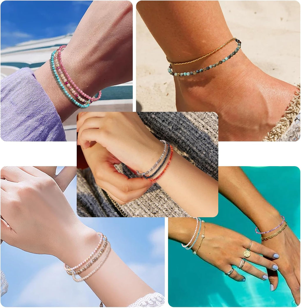 BONNY BOXX Natural Genuine Gemstone Faceted Round Beads Bracelets, 3mm Adjustable Stretchy Tiny Faceted Bracelet, Healing Crystal Reiki Chakra Dainty Jewelry Fashion Gifts