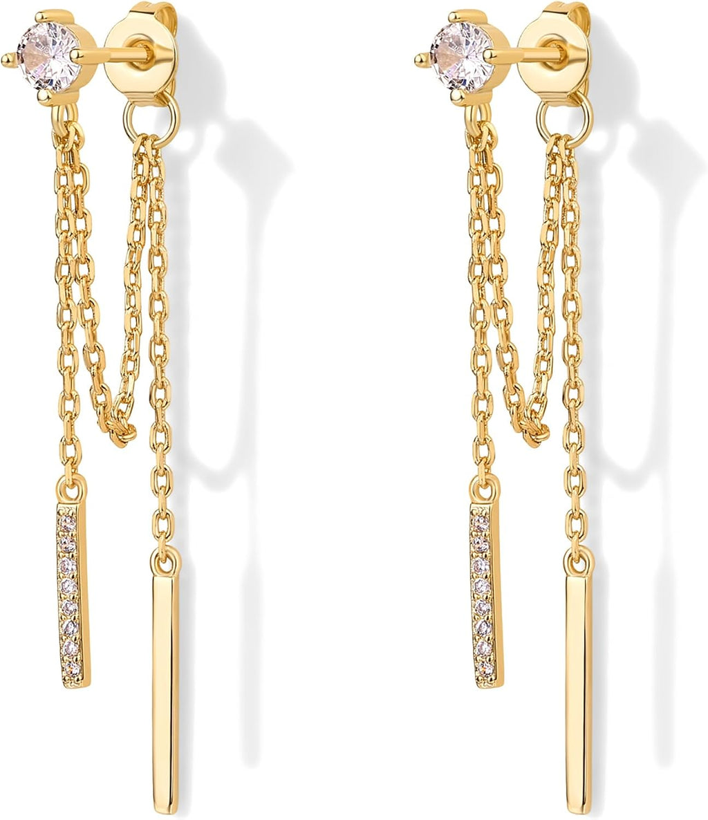 PAVOI 18K Gold Plated Drop Chain Earrings for Women, Dangle Chain Studs | Hypoallergenic Earrings with 925 Sterling Silver Posts, Trendy Cubic Zirconia & Ball Threader Earrings