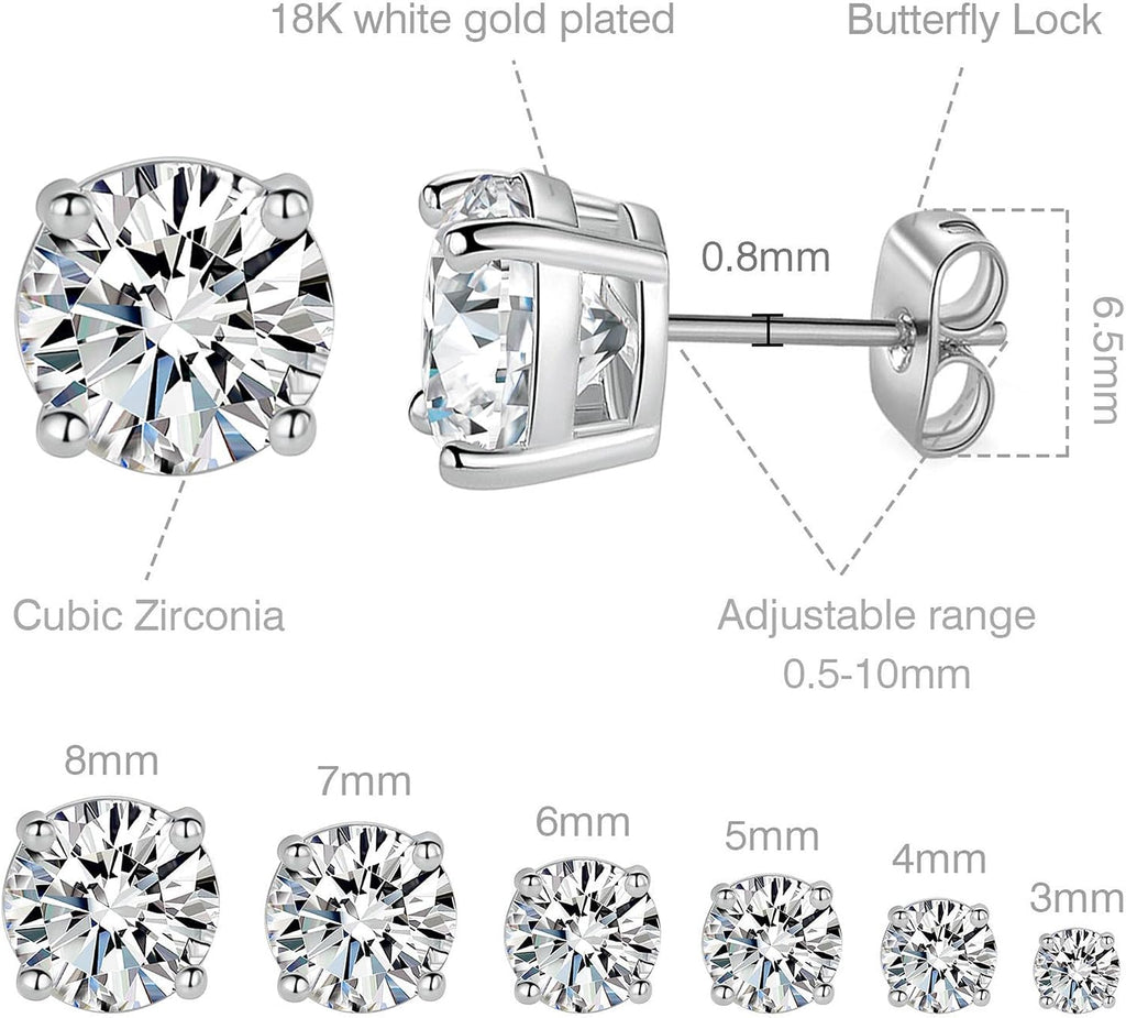 18K White Gold Plated Round Cubic Zirconia Stud Earrings Pack, 6 Pairs
