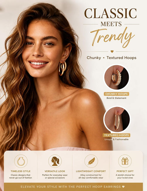 18 Pairs Gold Hoop Earrings for Women, Chunky Statement Hoops Set | Hypoallergenic, Earrings Pack, Open Hoops, Pearl, Twisted, Multiple Sizes, Lightweight for Daily Wear, Ideal Gift