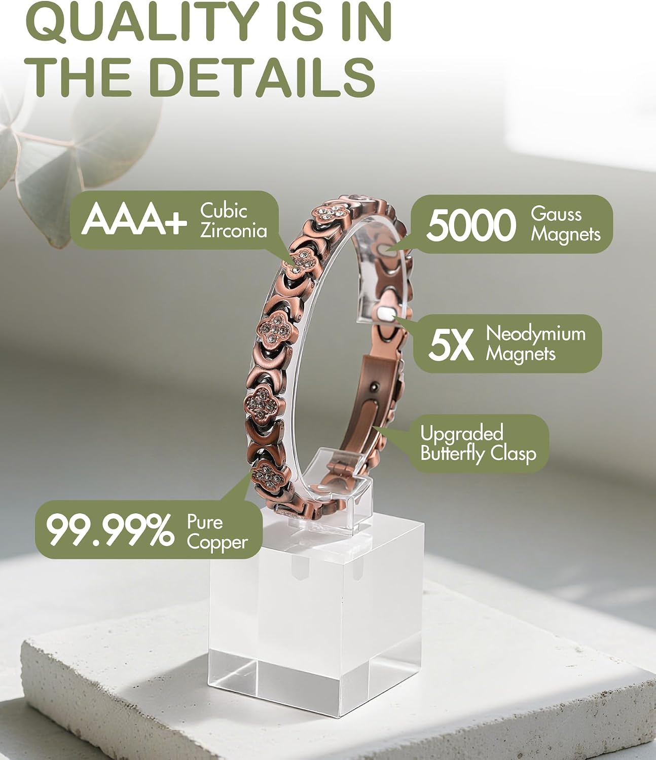 Feraco Pure Copper Bracelets for Women, Ultra Strength Magnetic Bracelet | Neodymium Magnets & Sparkling Cubic Zirconia, Adjustable, Infinite Clover Jewelry
