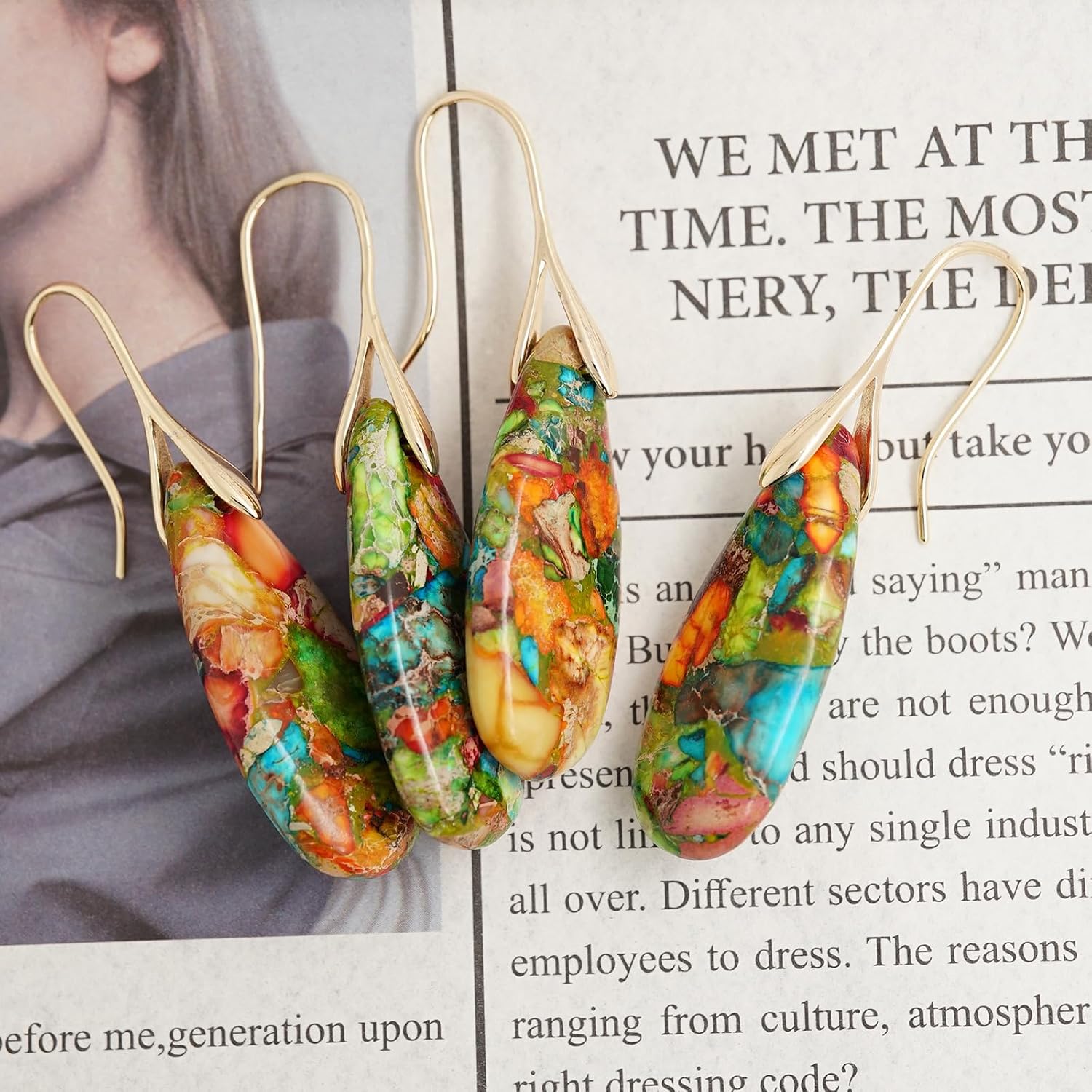 Natural Healing Stone Fishhoop Dangle Drop Earrings Statement Gold silver earrings