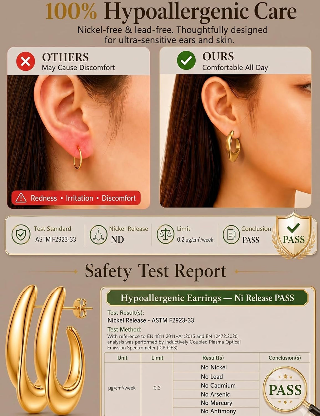 Musment® Gold Earrings for Women,14K Gold Plated Chunky Teardrop Hoop Stud Earrings for Sensitive Ears, Hypoallergenic Trendy Statement Jewelry Gift with Box for Daily Wear