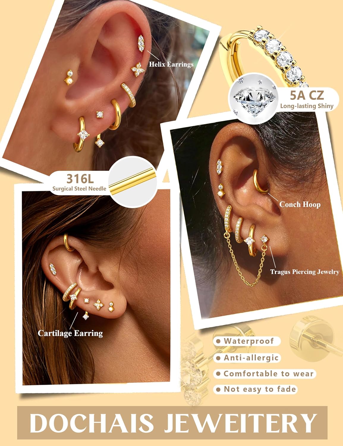 Gold Earrings for Women Flat Back Earrings Hypoallergenic Earring Stacks | 14K Gold Plated Surgical Stainless Steel Earring Set Chain Cartilage Earrings - Helix Piercing Jewelry for Women Trendy Gold