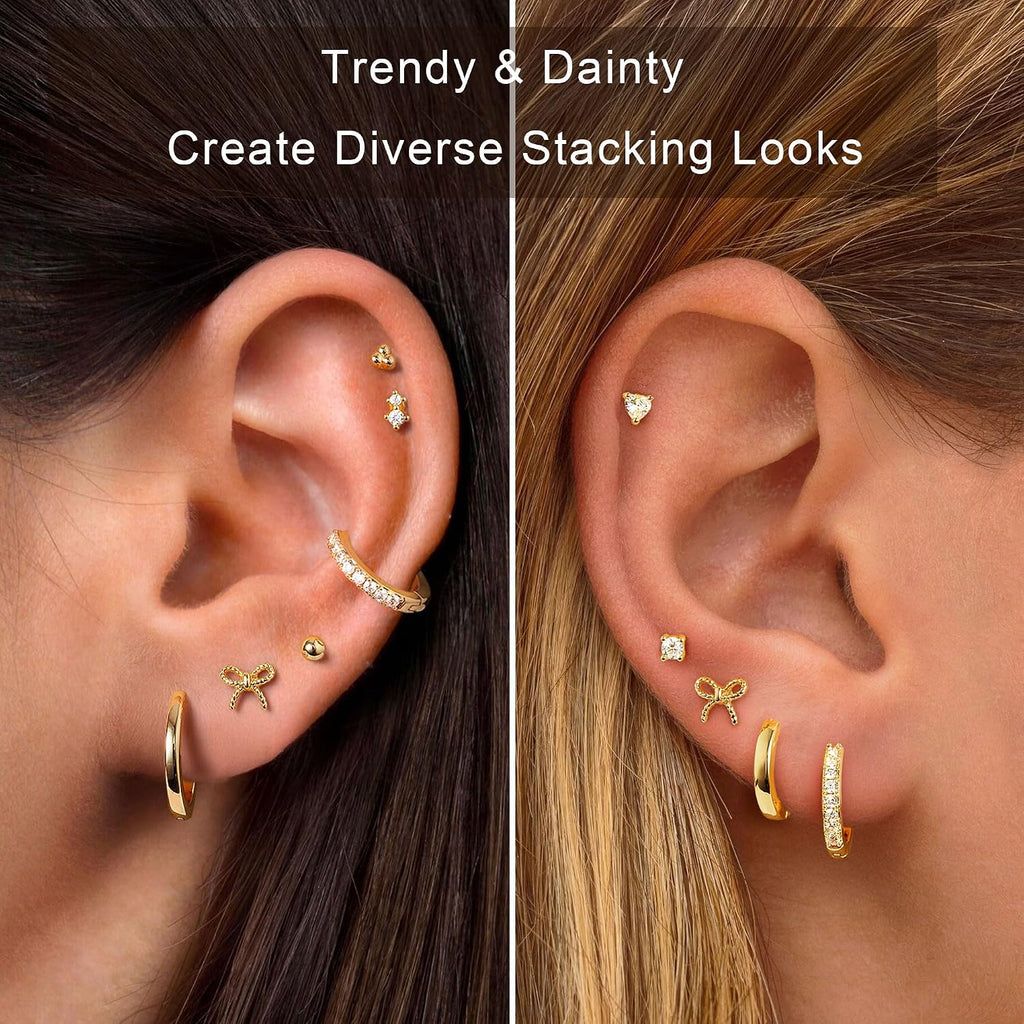 M MOOHAM 9 Pairs Flat Back Earring Stack Set for Women Teen Girls | Hypoallergenic Earrings, 14K Gold Plated Huggie Hoop Stud Earring, Small Cute Bow Cartilage Earrings, Trendy Jewelry Gifts