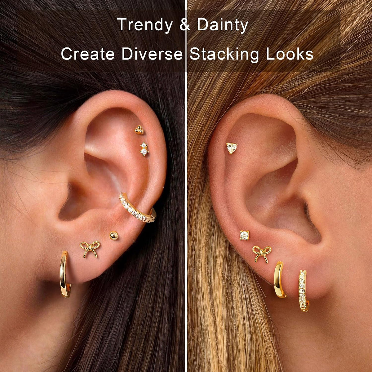 M MOOHAM 9 Pairs Flat Back Earring Stack Set for Women Teen Girls | Hypoallergenic Earrings, 14K Gold Plated Huggie Hoop Stud Earring, Small Cute Bow Cartilage Earrings, Trendy Jewelry Gifts