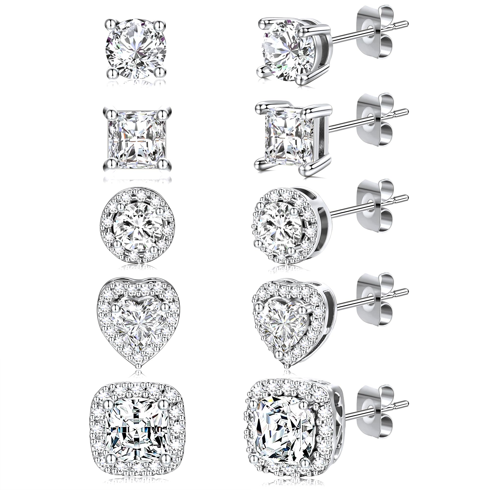 5 Pairs 14K Gold Plated Stud Earrings for Women, CZ Multiple Piercing Set | Hypoallergenic CZ Stud Earrings Set, 3-7mm Cubic Zirconia, Lightweight Comfortable Studs, Non Tarnish Jewelry, Gift for Women