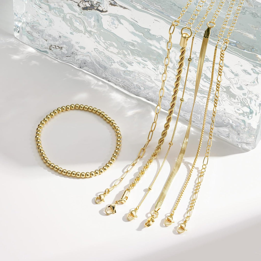 M MOOHAM 7PCS Gold Bracelets for Women, 14K Gold Plated Beaded Bracelet Set | Rope Paperclip Chain Stackable Bracelet, Non Tarnish Bracelet Stack, Friendship Birthday Jewelry, Gifts for Women Teen Girls