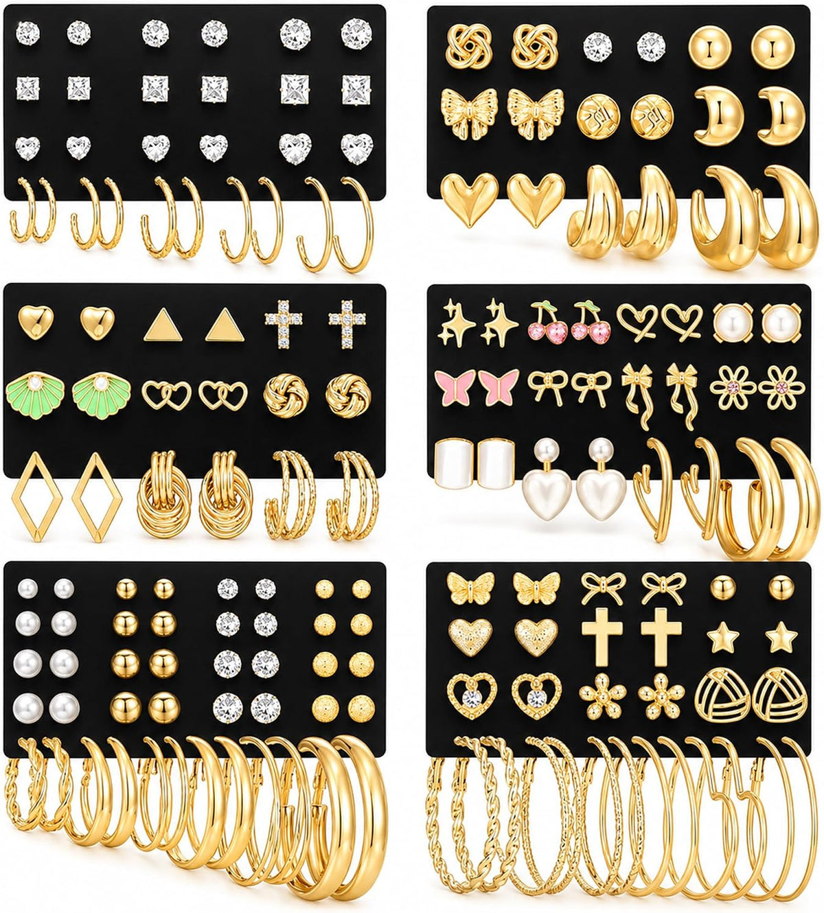 81 Pairs Gold Stud Earrings Set for Women Multipack, Trendy Pearl Cubic Zirconia Butterfly Heart Stud Hoops Earrings Packs, Gold Hoops Earrings for Jewelry Gifts