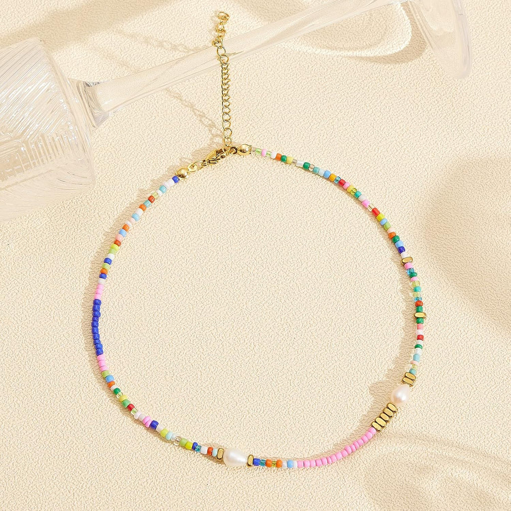 Wellike Freshwater Pearl Beaded Necklace for Women Handmade Boho Colorful Glass Beads Choker Necklace Stainless Steel 18K Gold Plated Bohemian Women Summer Jewelry Gifts