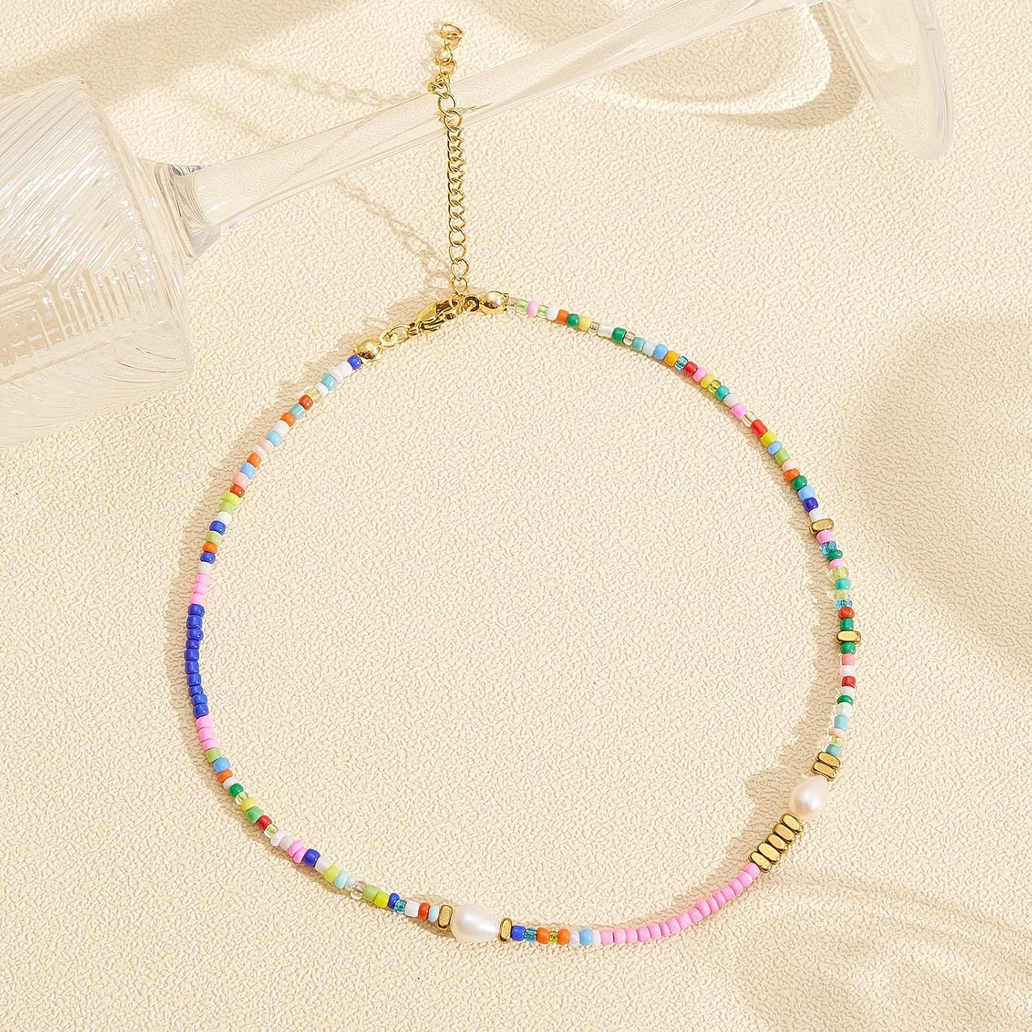 Wellike Freshwater Pearl Beaded Necklace for Women Handmade Boho Colorful Glass Beads Choker Necklace Stainless Steel 18K Gold Plated Bohemian Women Summer Jewelry Gifts
