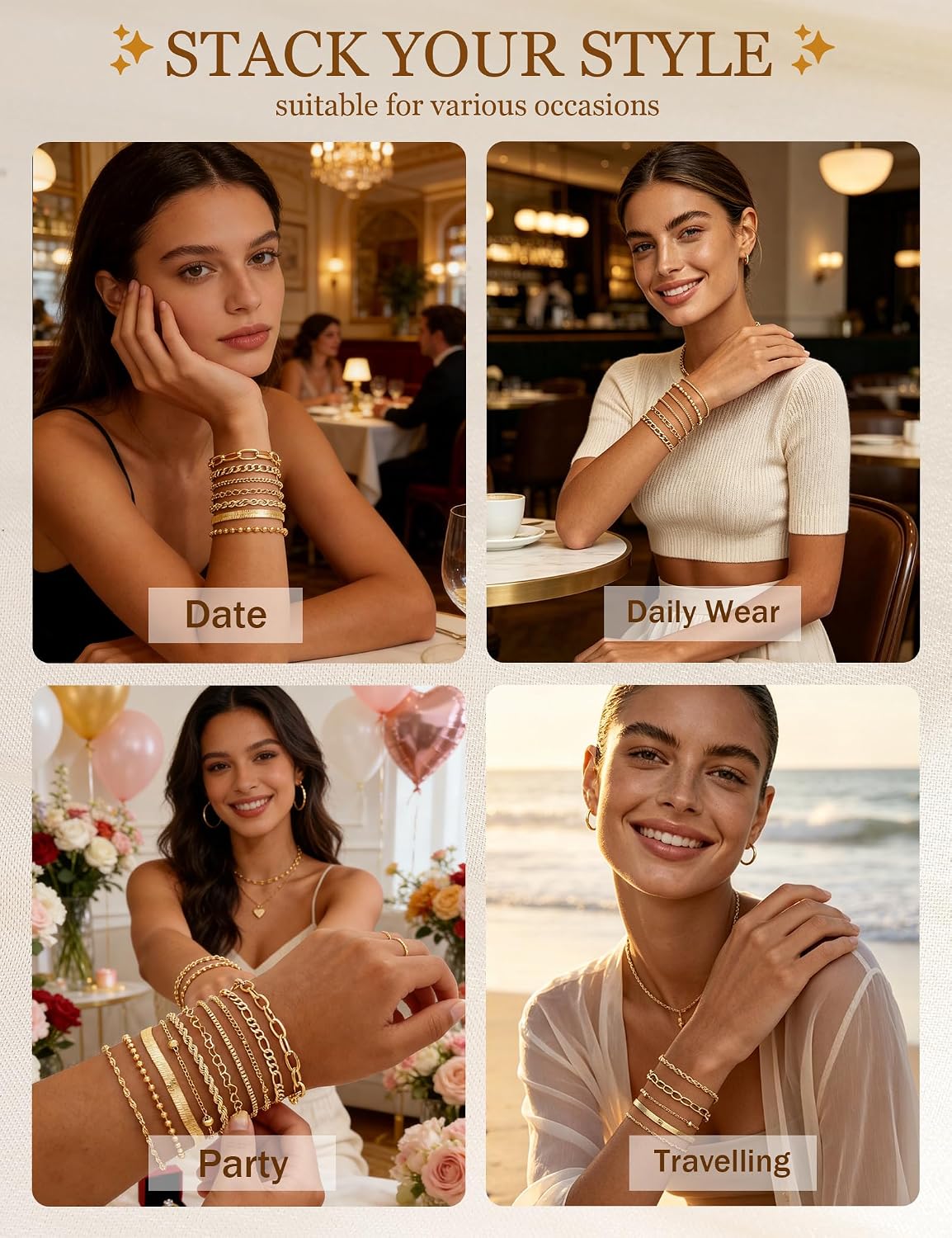 10 Pcs 14K Gold Plated Bracelet for Women, Dainty Stackable Chain Set | Bracelet Stack, Mixed Styles, Paperclip, Heart Link, Lightweight for Daily Wear, Hypoallergenic, Ideal Gift