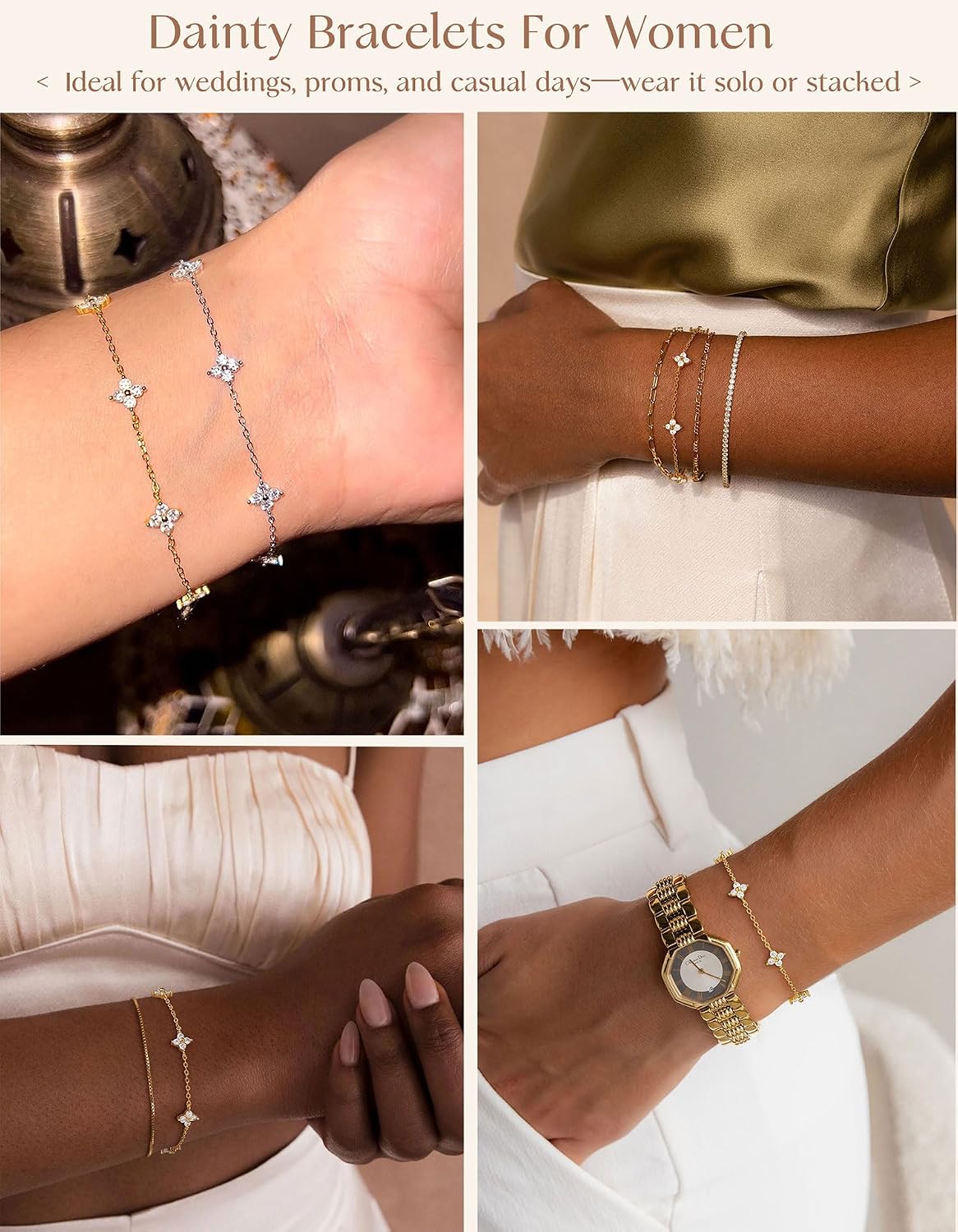 Dainty Silver Gold Bracelets for Women Trendy Non Tarnish 14K Gold Plated Cute Clover Bracelet Stackable Daisy Cubic Zirconia Diamond Charm Bracelet Stack Waterproof Jewelry Gifts