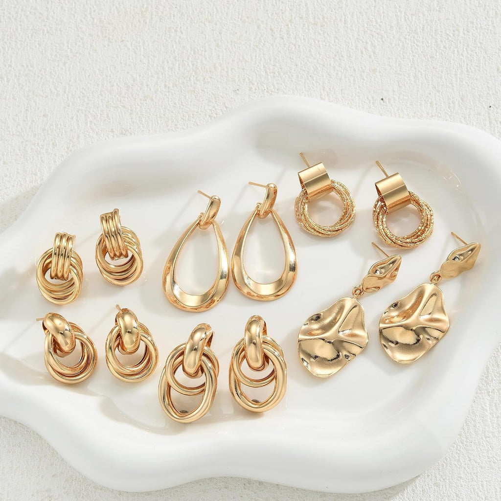 6 Pairs Chunky Gold Earrings for Women Gold Plated Knot Earrings Trendy Statement Drop Dangle Teardrop Lightweight Hypoallergenic Fashion Accessories Jewelry Set Gifts for Women