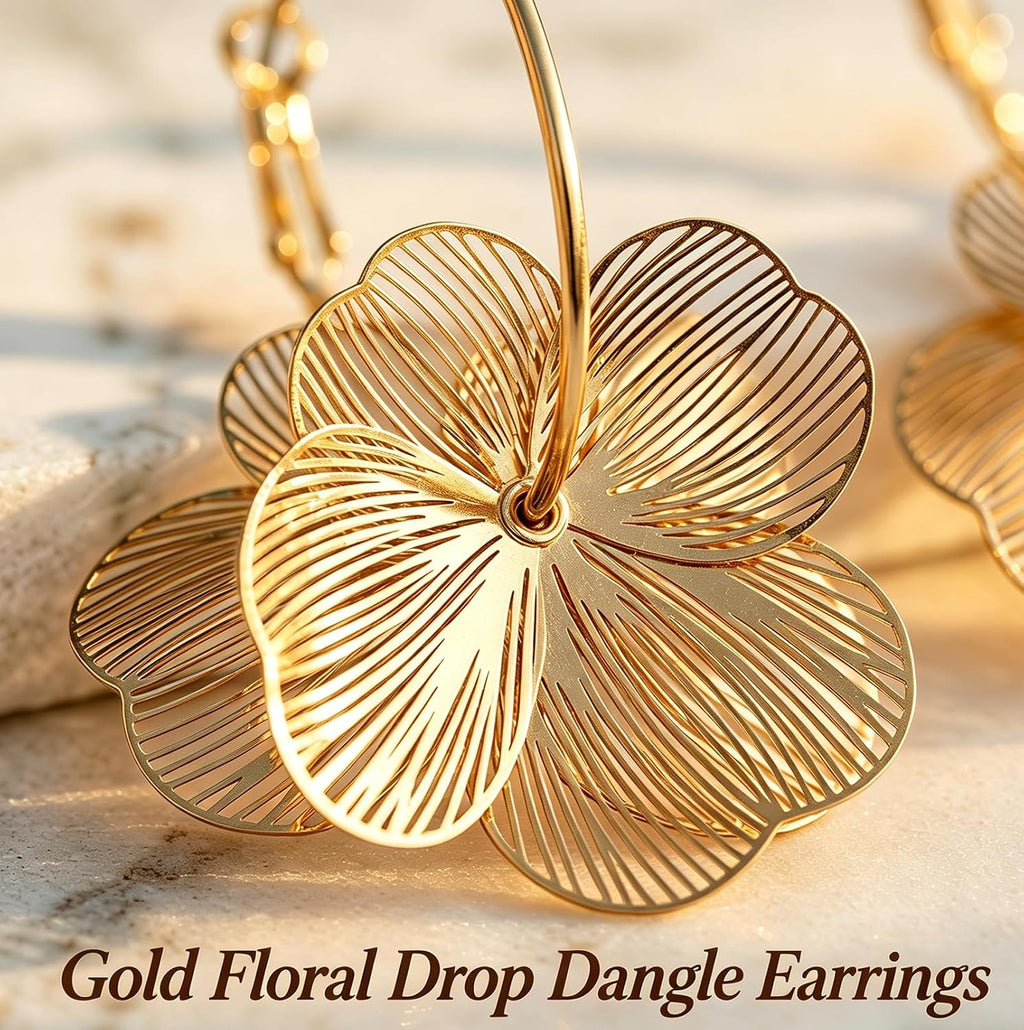 Gold Silver Flower Dangle Earrings for Women | Cute Statement Trendy Floral Drop Earrings, Boho Fashion Lightweight Hoop Jewelry Gift, Hypoallergenic for Sensitive Ears
