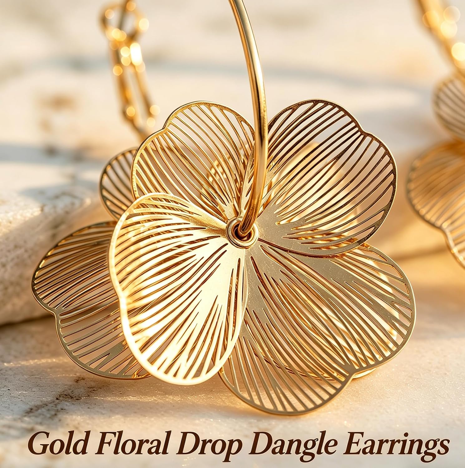 Gold Silver Flower Dangle Earrings for Women | Cute Statement Trendy Floral Drop Earrings, Boho Fashion Lightweight Hoop Jewelry Gift, Hypoallergenic for Sensitive Ears