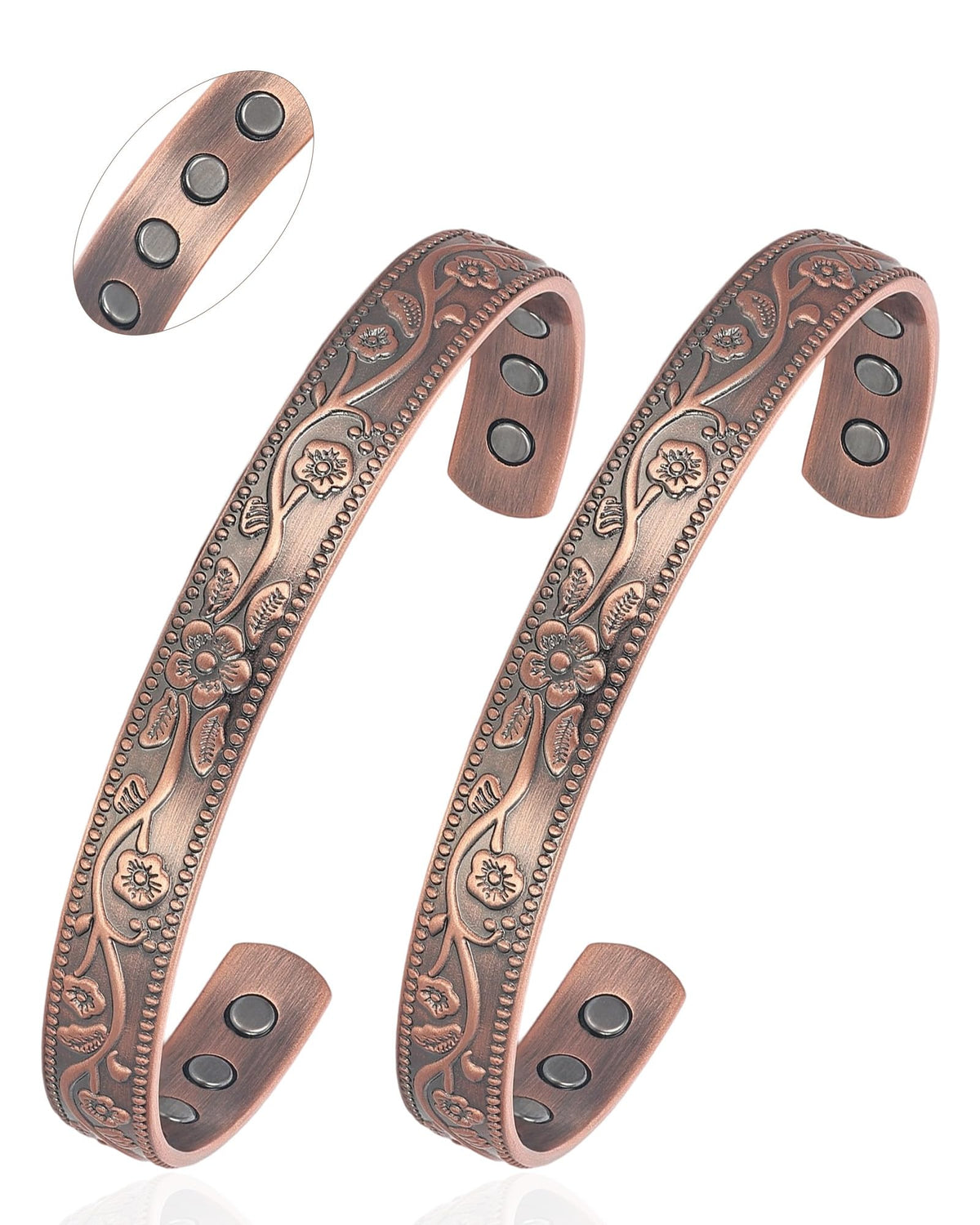 BioMag Copper Magnetic Bracelet Set for Women Men, Pure Copper Jewelry Gift | 99.99% Pure Copper Cuff Bangle Lymphatic Drainage Rings with 3500 Gauss Magnets, Adjustable & Flower Pattern, Multicolor