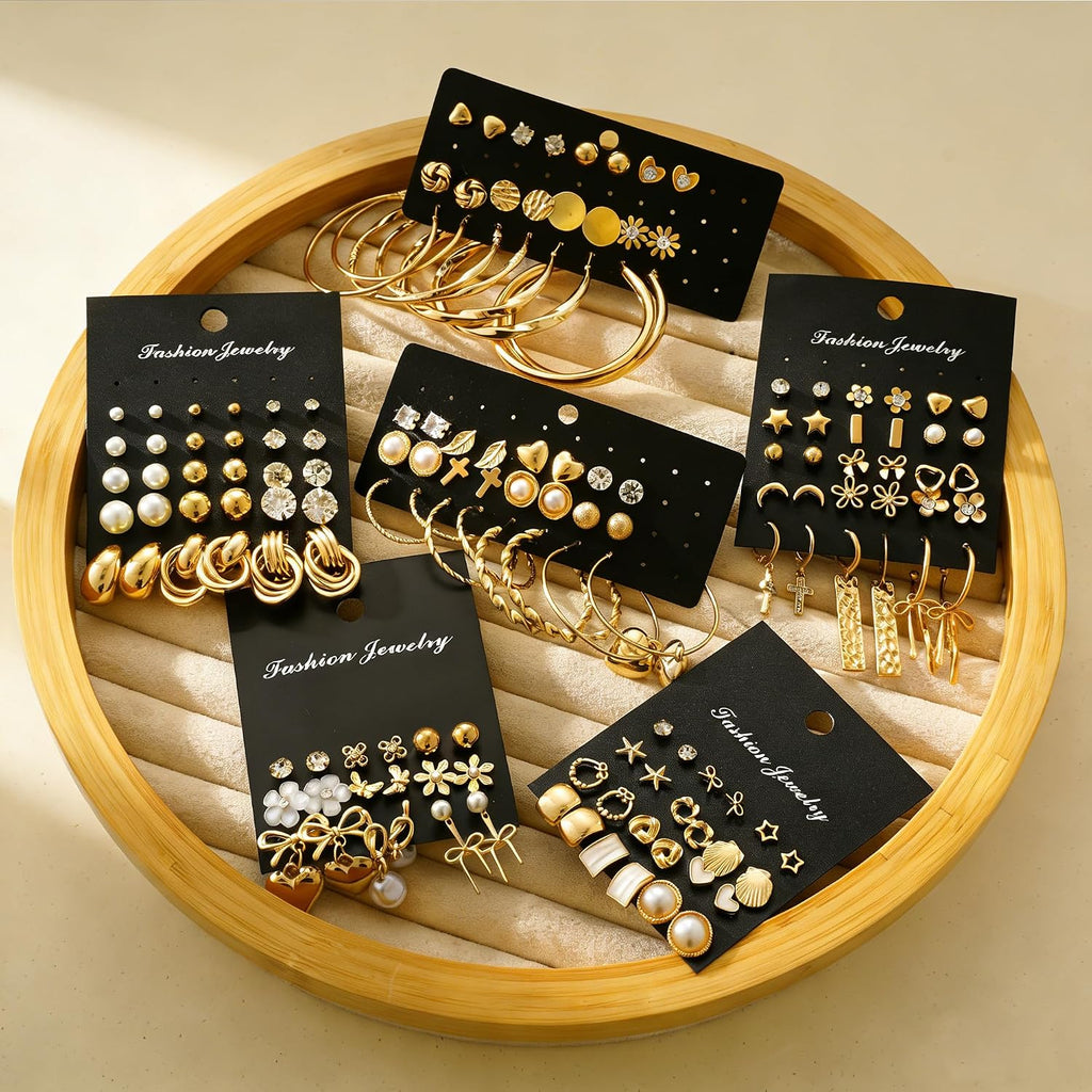 75 Pairs Gold Stud Earrings Set for Women, Trendy Hypoallergenic Pearl Cubic Zirconia Multiple Piercings Earrings Packs, Stud Hoops Earrings for Gift Jewelry