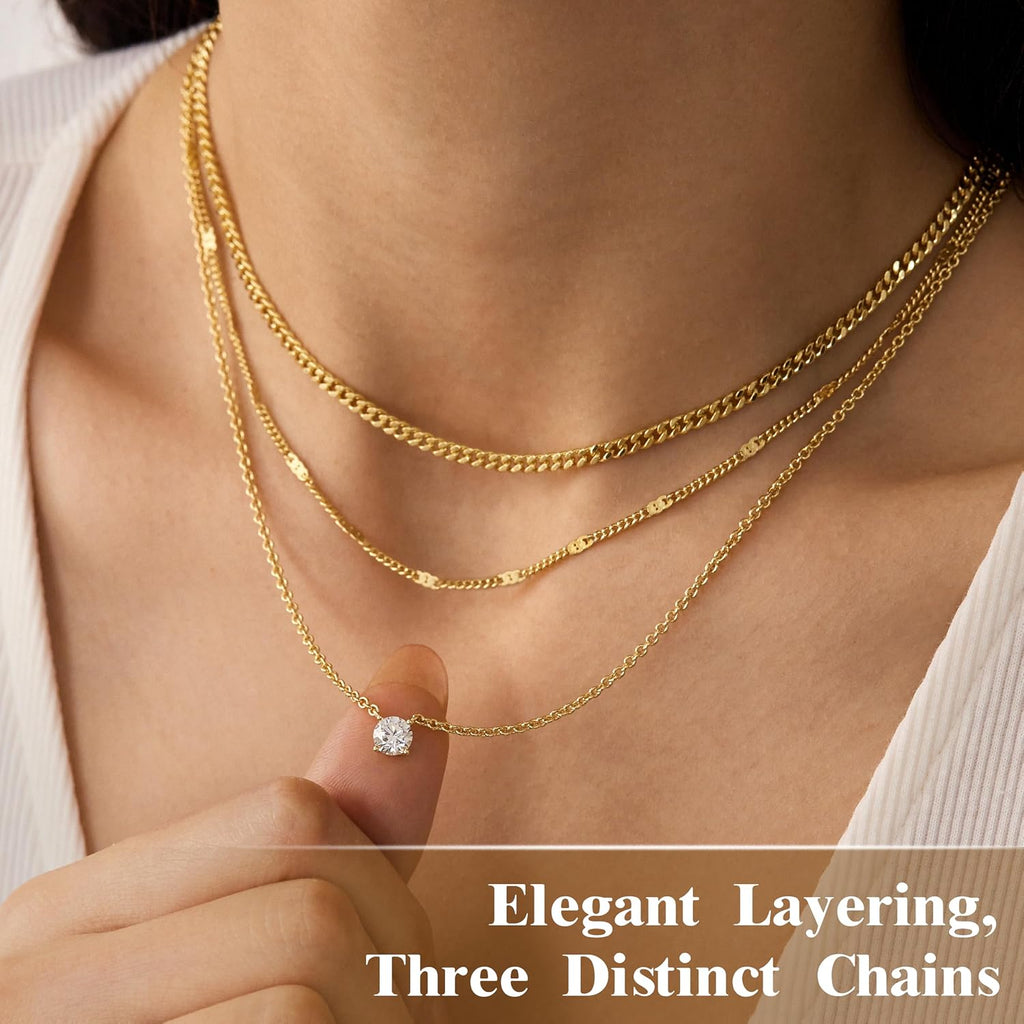WomenGifts Layered Gold Necklaces for Women, 14K Gold Sterling Silver Plated Dainty Pendant Necklace Set Non Tarnish, Chunky Stackable Cuban Chain Choker, Trendy Birthstone Vacation Jewelry Gift