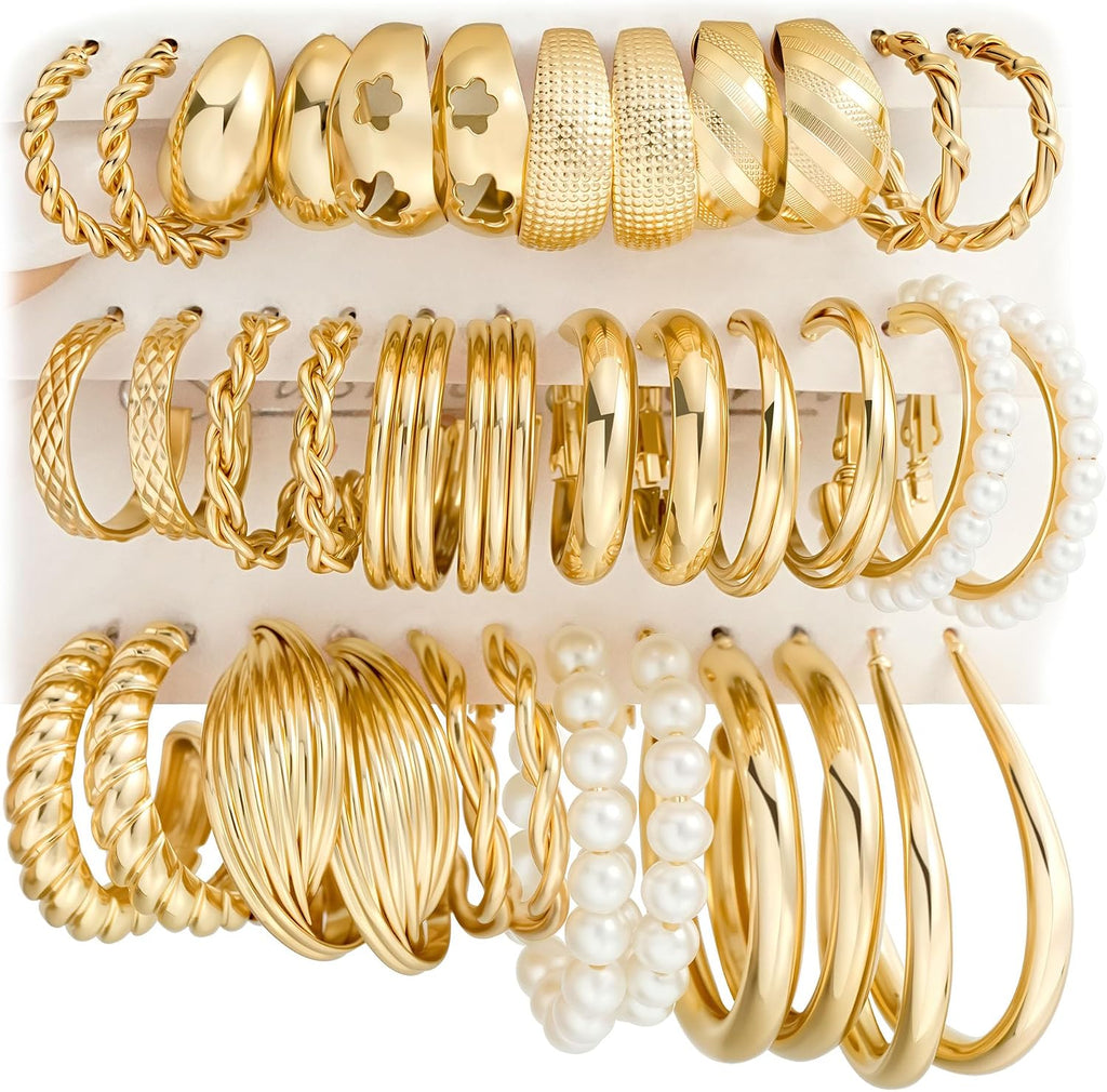 18 Pairs Gold Hoop Earrings for Women, Chunky Statement Hoops Set | Hypoallergenic, Earrings Pack, Open Hoops, Pearl, Twisted, Multiple Sizes, Lightweight for Daily Wear, Ideal Gift