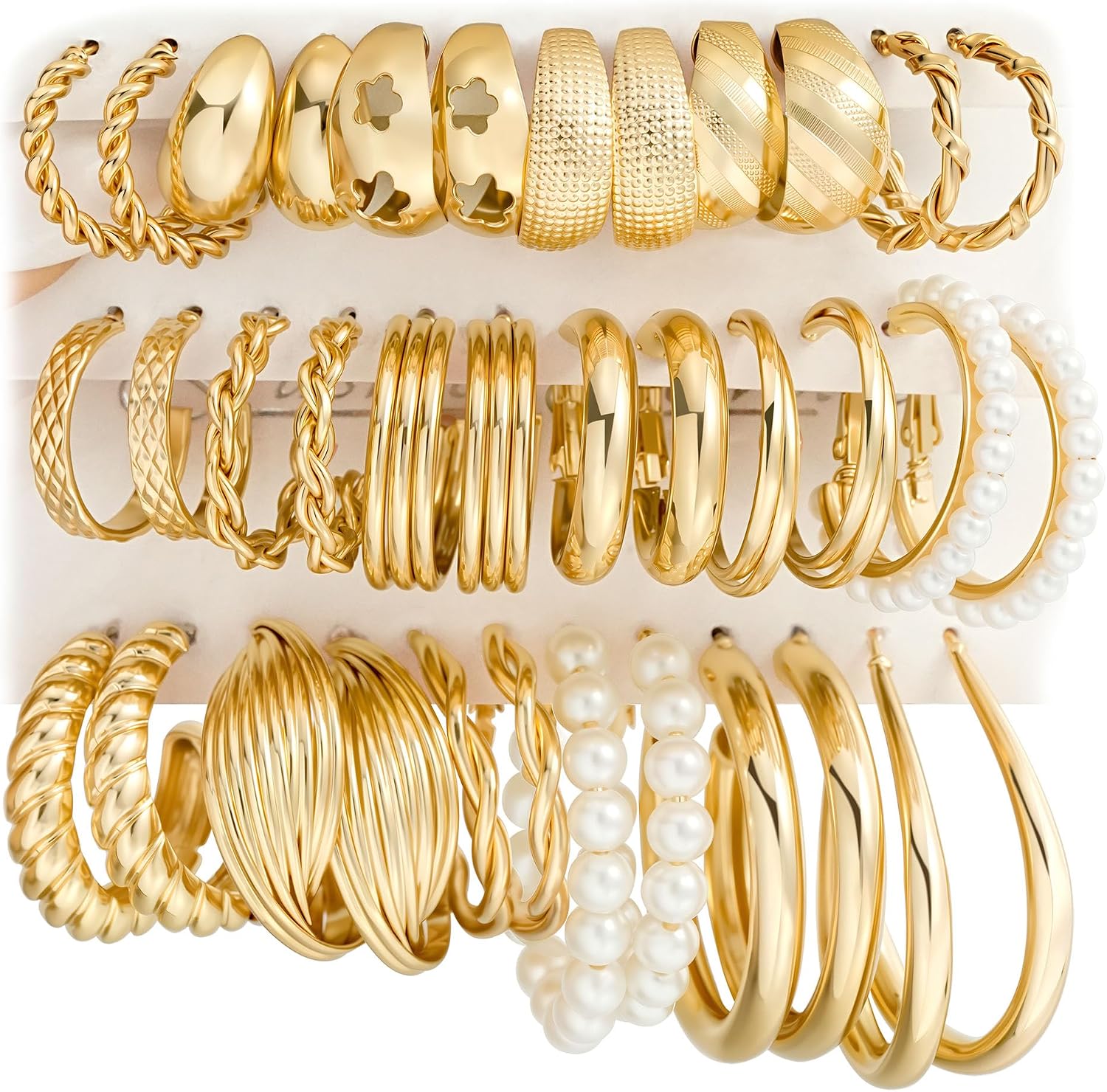 18 Pairs Gold Hoop Earrings for Women, Chunky Statement Hoops Set | Hypoallergenic, Earrings Pack, Open Hoops, Pearl, Twisted, Multiple Sizes, Lightweight for Daily Wear, Ideal Gift