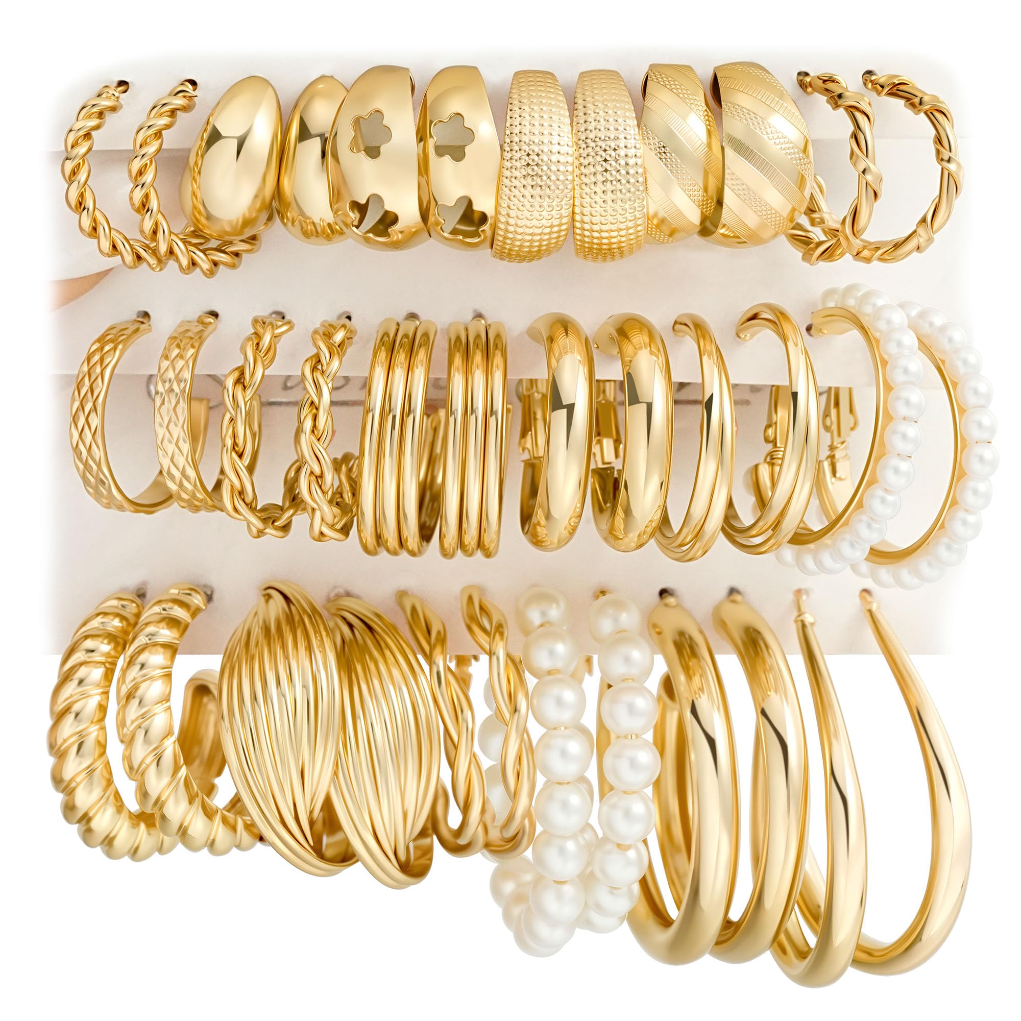 18 Pairs Gold Hoop Earrings for Women, Chunky Statement Hoops Set | Hypoallergenic, Earrings Pack, Open Hoops, Pearl, Twisted, Multiple Sizes, Lightweight for Daily Wear, Ideal Gift
