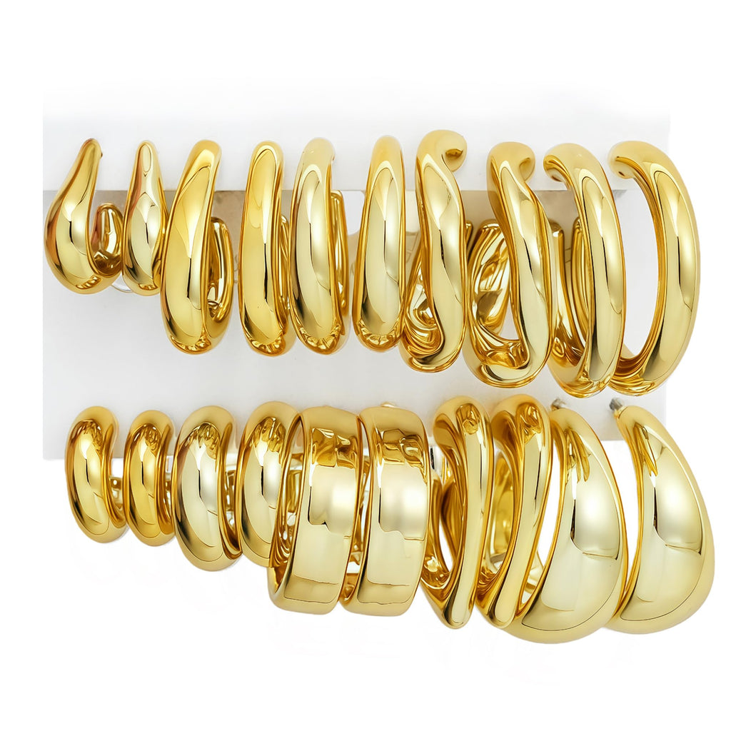 12 Pairs Chunky Gold Hoop Earrings for Women Trendy, Gold Plated Lightweight Hypoallergenic Stack, Thick Open Twisted Huggie Hoops Earring Set
