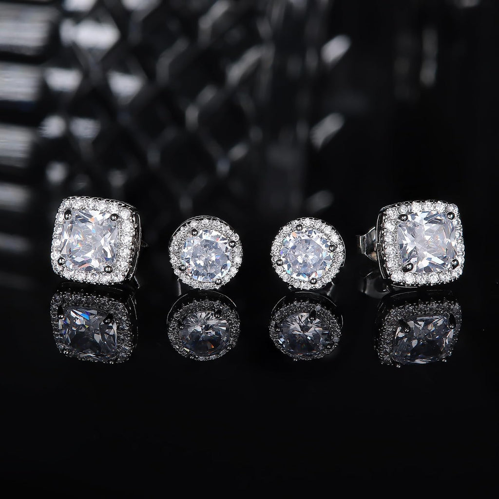 18K Gold Plated Halo Stud Earrings 925 Sterling Silver Cubic Zirconia Stud Earrings Round Square Diamonique Stud Earrings Set for Women Men
