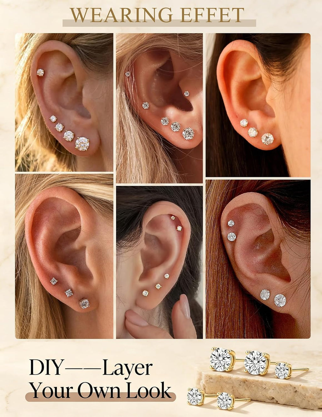 5 Pairs 14K Gold Plated Stud Earrings for Women, CZ Multiple Piercing Set | Hypoallergenic CZ Stud Earrings Set, 3-7mm Cubic Zirconia, Lightweight Comfortable Studs, Non Tarnish Jewelry, Gift for Women