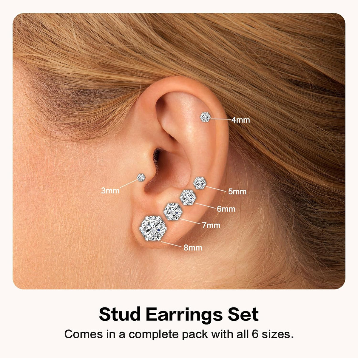 6 Pairs Stud Earrings for Women Men, Silver Gold Stainless Steel Studs Set | 3 4 5 6 7 8mm, Cubic Zirconia, 14K Gold Plated, Hypoallergenic, Flat Back Earrings for Sensitive Ears, Jewelry Gift Idea