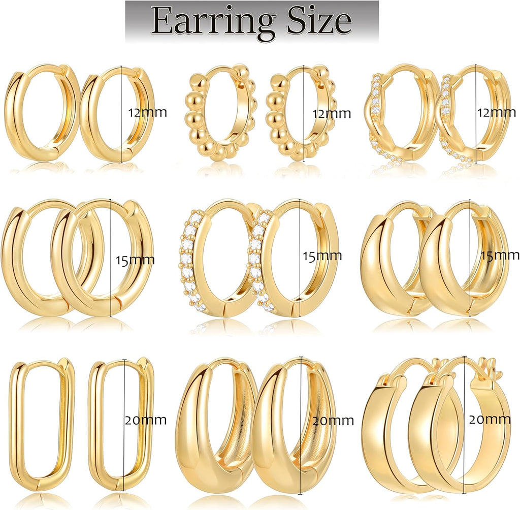 9 Pairs Small Gold/Silver Hoop Earrings Set for Women | 14K Gold Plated Chunky Hoop Small Earring Hypoallergenic Thick Open Lightweight Chunky Hoop Earrings Jewelry for Gifts