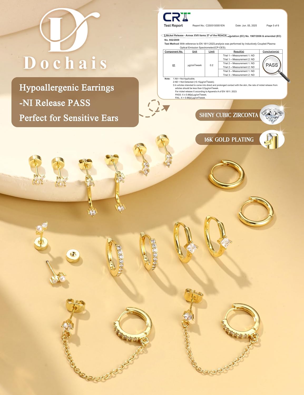 Gold Earrings for Women Flat Back Earrings Hypoallergenic Earring Stacks | 14K Gold Plated Surgical Stainless Steel Earring Set Chain Cartilage Earrings - Helix Piercing Jewelry for Women Trendy Gold
