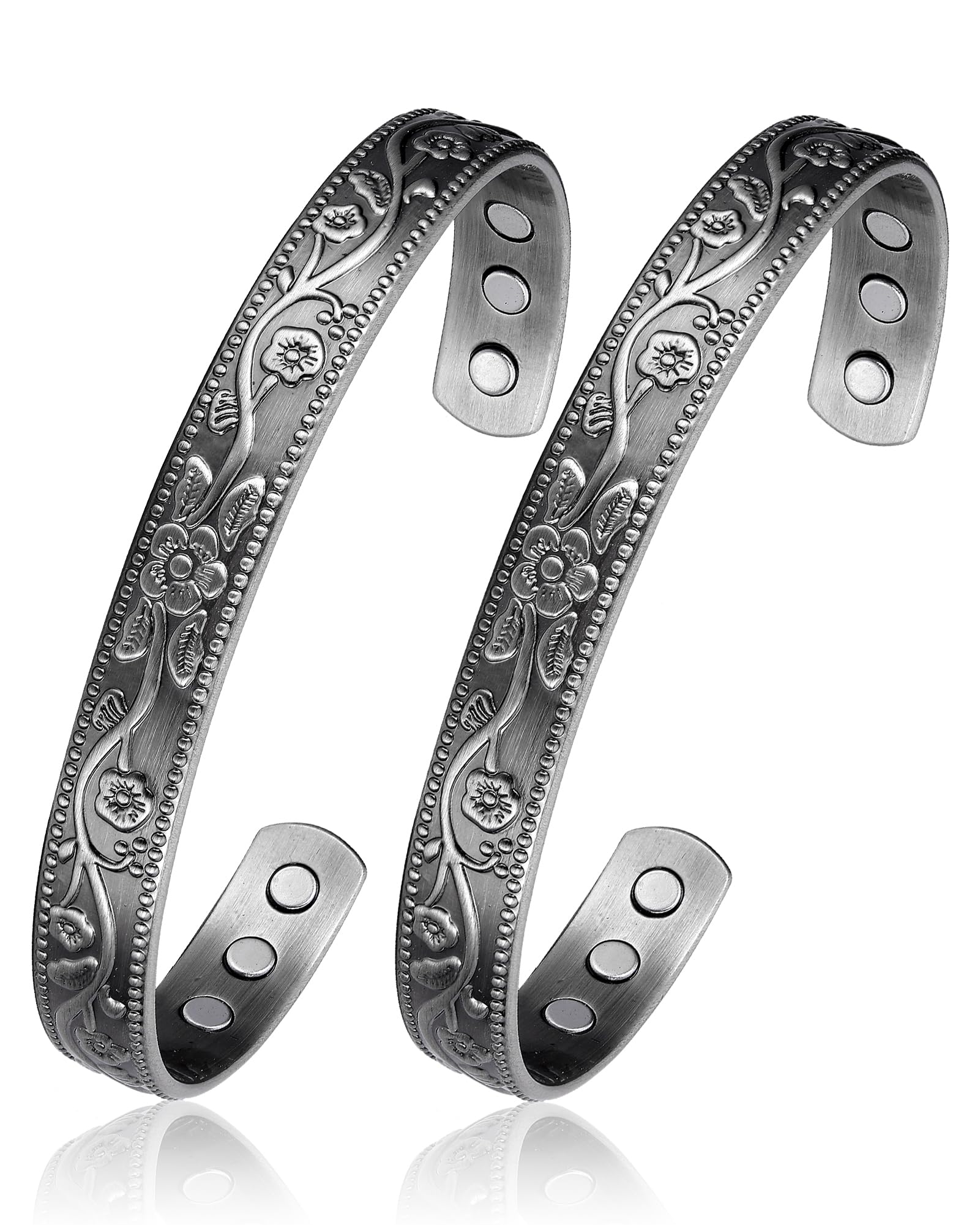 BioMag Copper Magnetic Bracelet Set for Women Men, Pure Copper Jewelry Gift | 99.99% Pure Copper Cuff Bangle Lymphatic Drainage Rings with 3500 Gauss Magnets, Adjustable & Flower Pattern, Multicolor